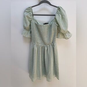 Missguided Light Green Puff Sleeve Smocked Dress